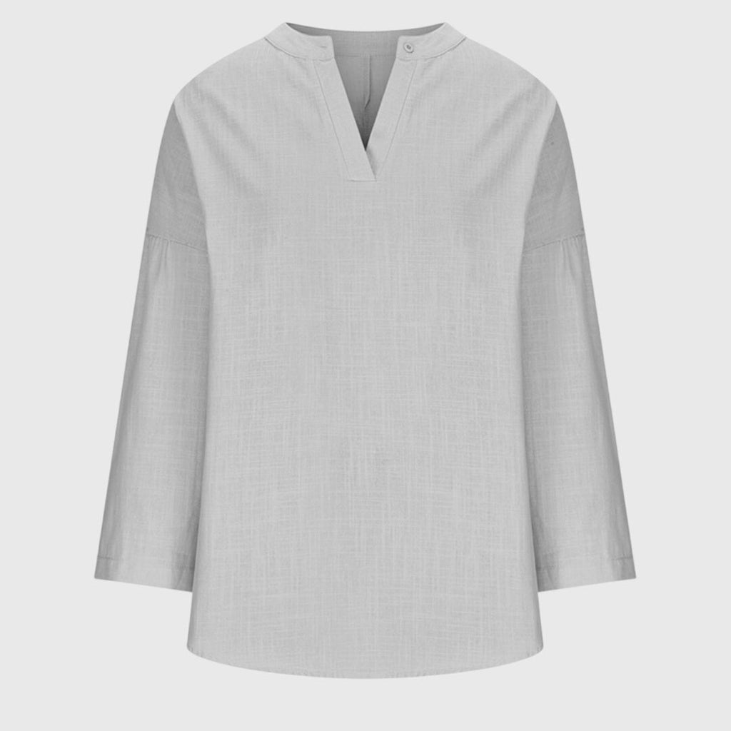 Lenara – Flowy Linen V-Neck Long Sleeve Blouse