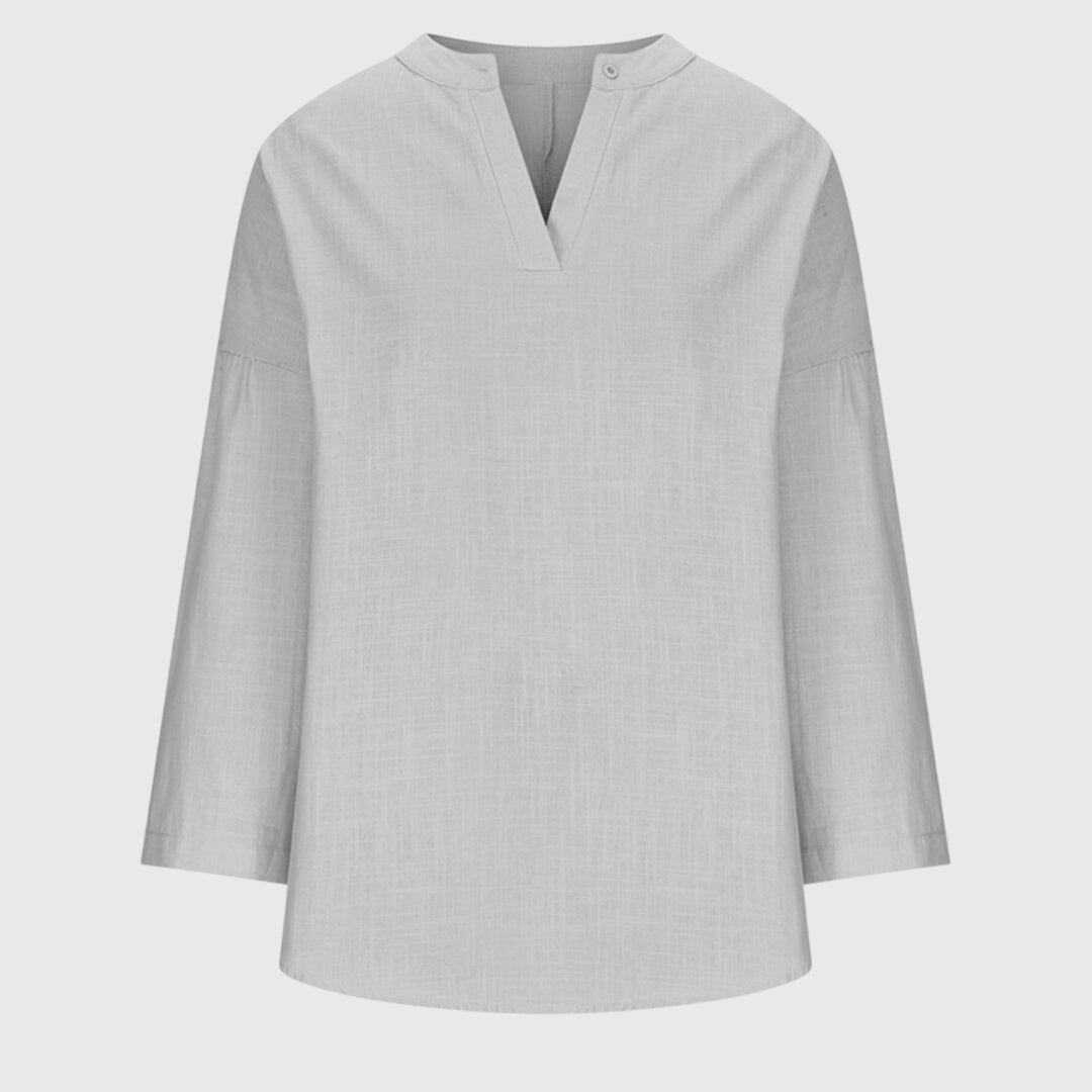 Lenara – Flowy Linen V-Neck Long Sleeve Blouse