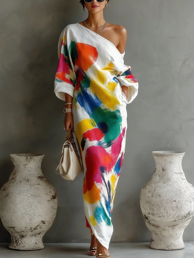Serena – One Shoulder Abstract Print Maxi Dress