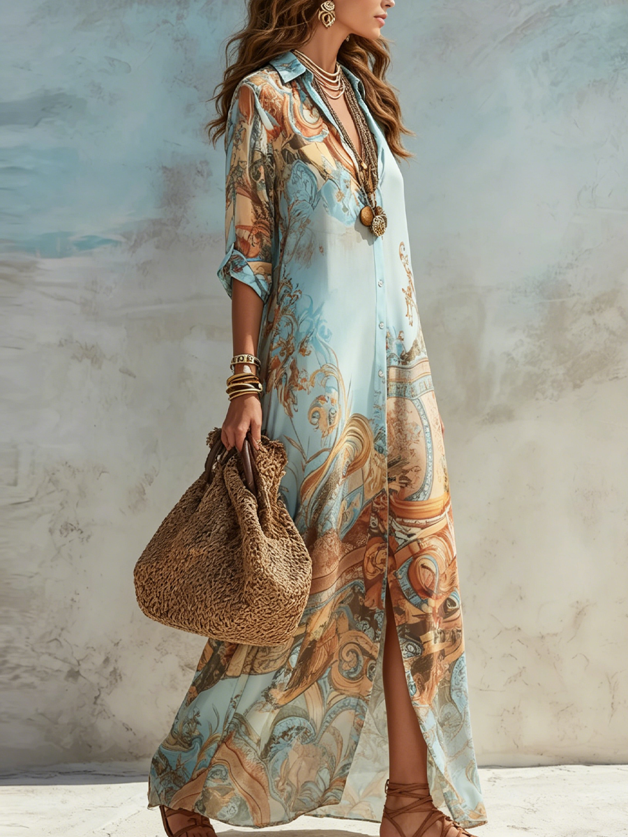 Serena – Baroque Print Maxi Shirt Dress