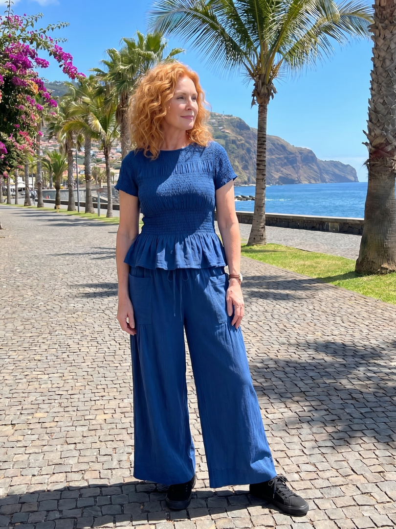 Eirenne | Peplum Detail Smocked Top And Wide Leg Pants Set