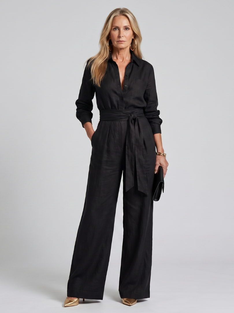 Jovie | Long Sleeve Button Front Wide Leg Jumpsuit