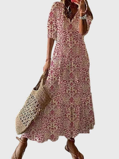 Amalia – Boho Ikat Print Midi Dress