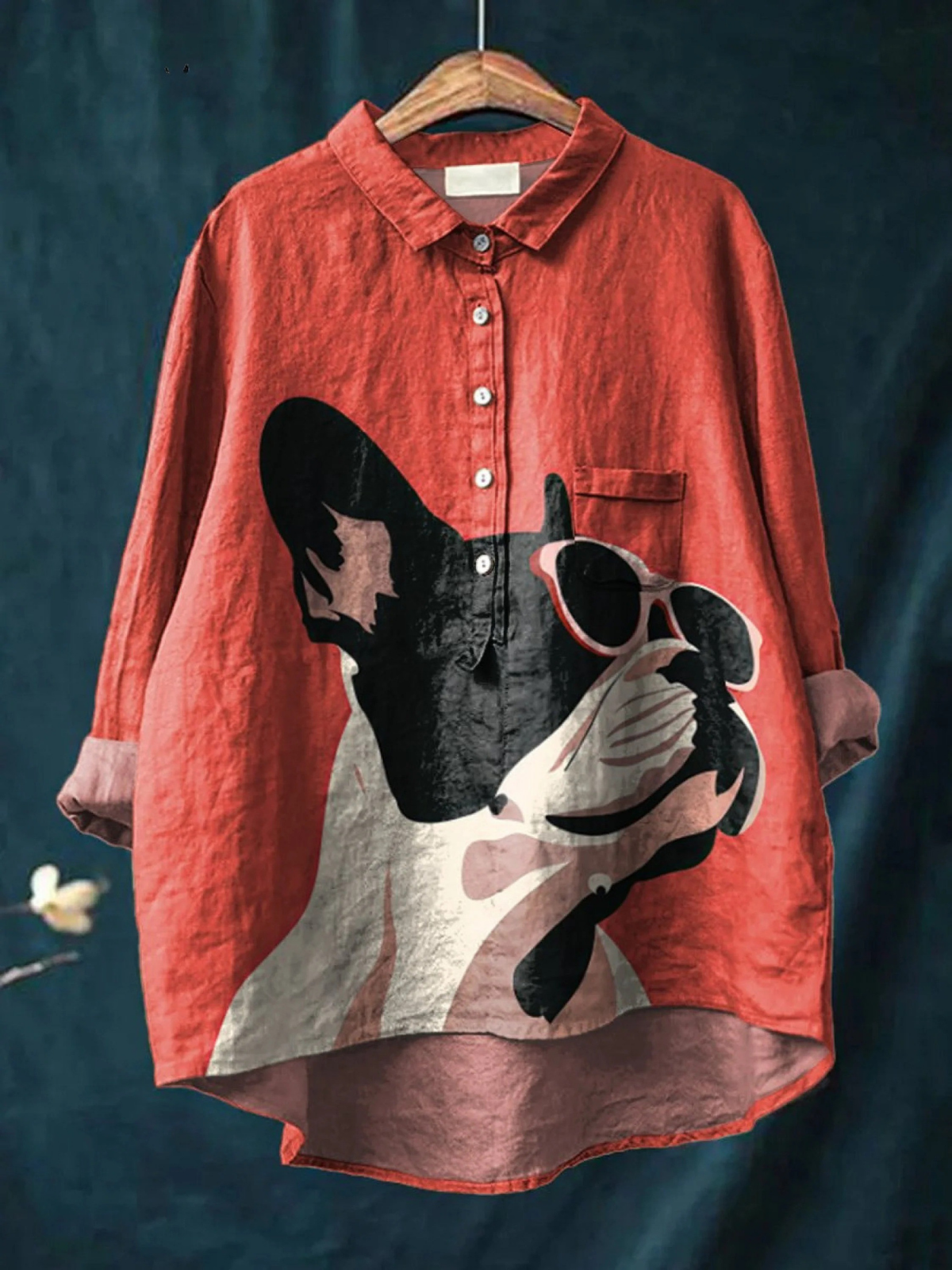 Samantha | Decorative Pattern of French Bulldog Wearing Sunglasses On Red Background Casual  Shirt