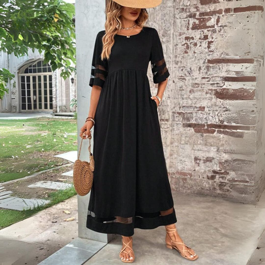 Aubrey – Empire Waist Midi Dress with Mesh Detail