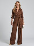 Jovie | Long Sleeve Button Front Wide Leg Jumpsuit
