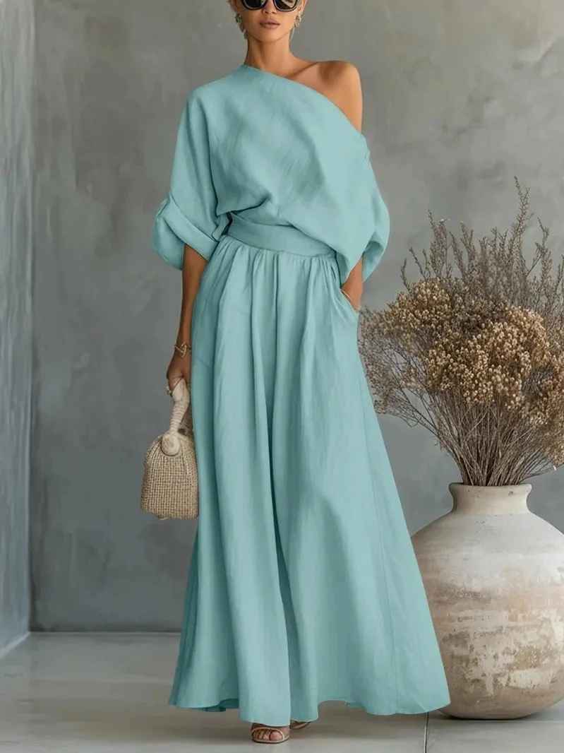 Reese | Off Shoulder Long Sleeve Top and Tapered Pants Set