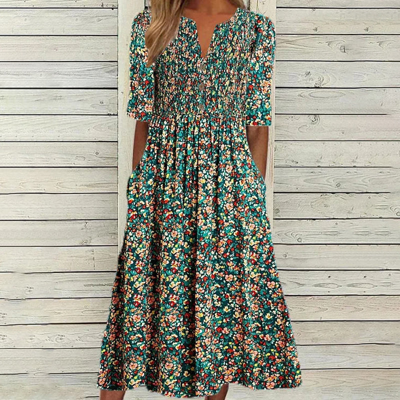 Danica – Smocked Floral Midi Dress with Pockets