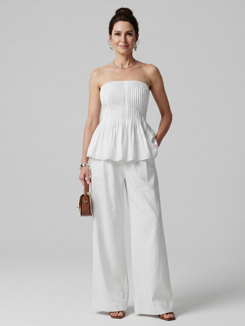 Rila | Strapless Smocked Top And Wide Leg Pants Set