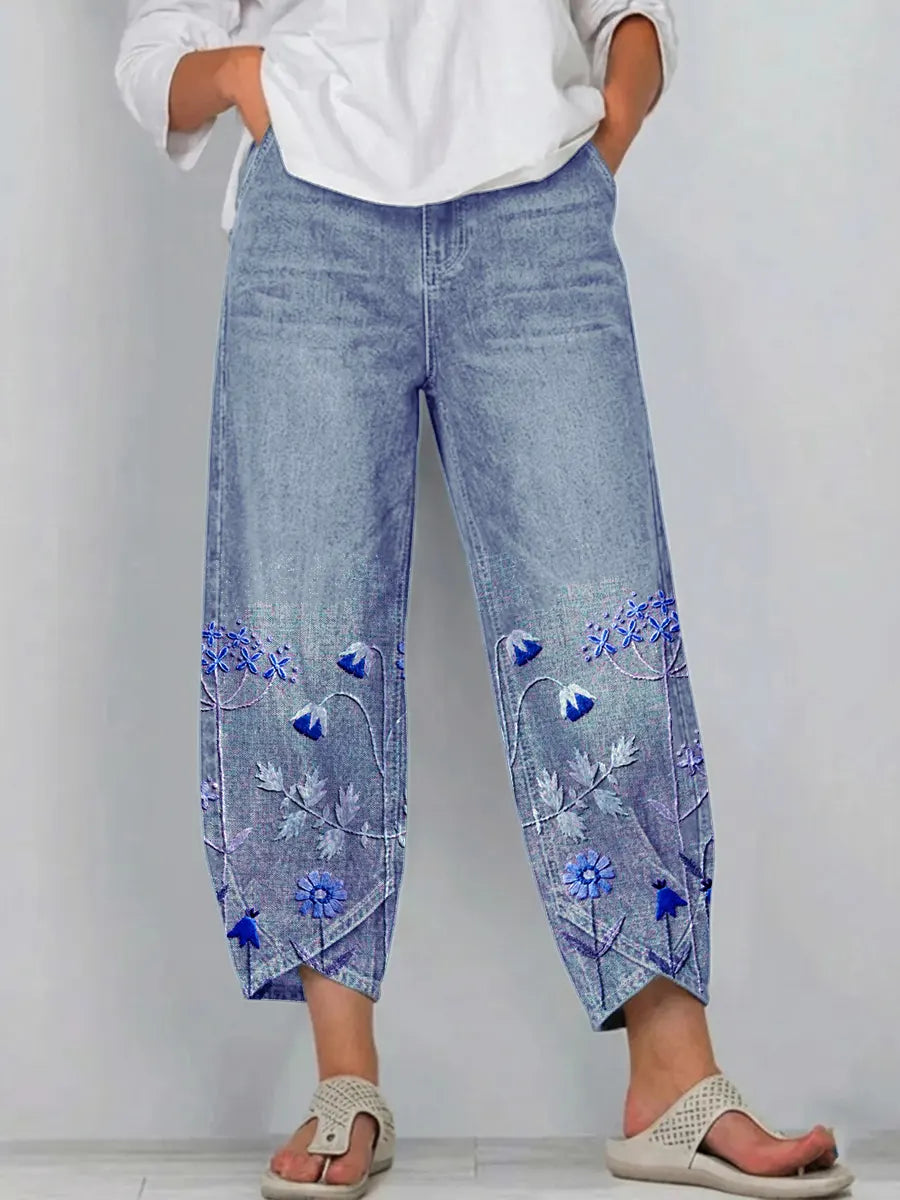 Hazel – Embroidered Floral Denim Pants