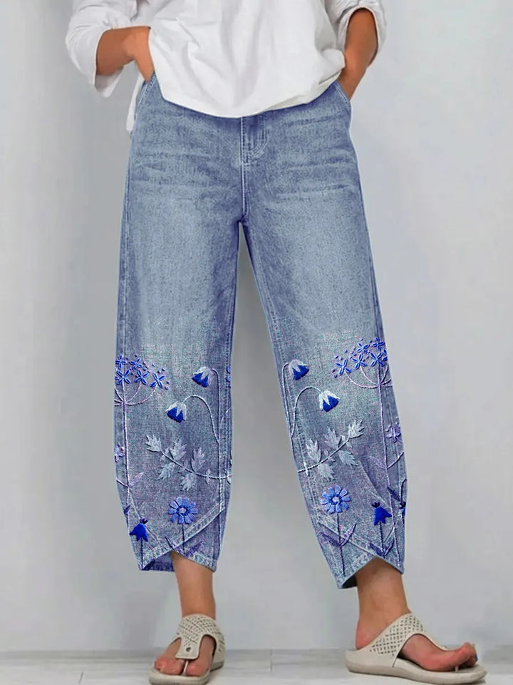 Hazel – Embroidered Floral Denim Pants