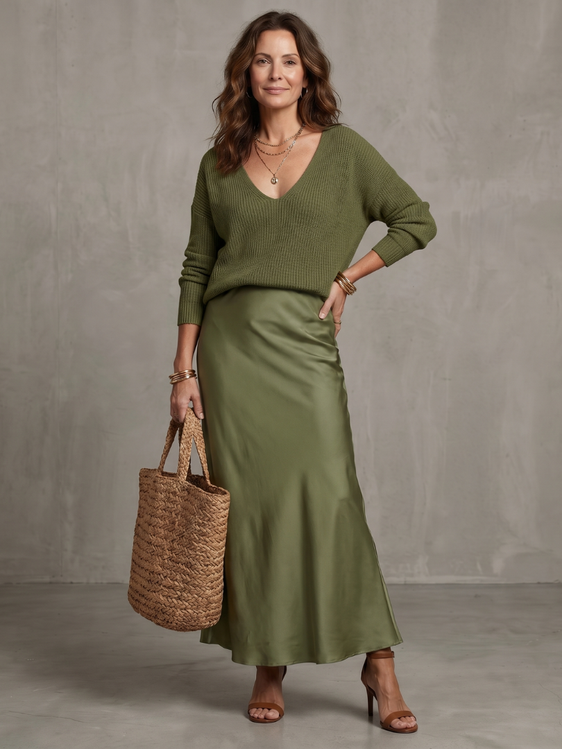 Luciana | Bias Fall Satin Skirt Knit Layer Set