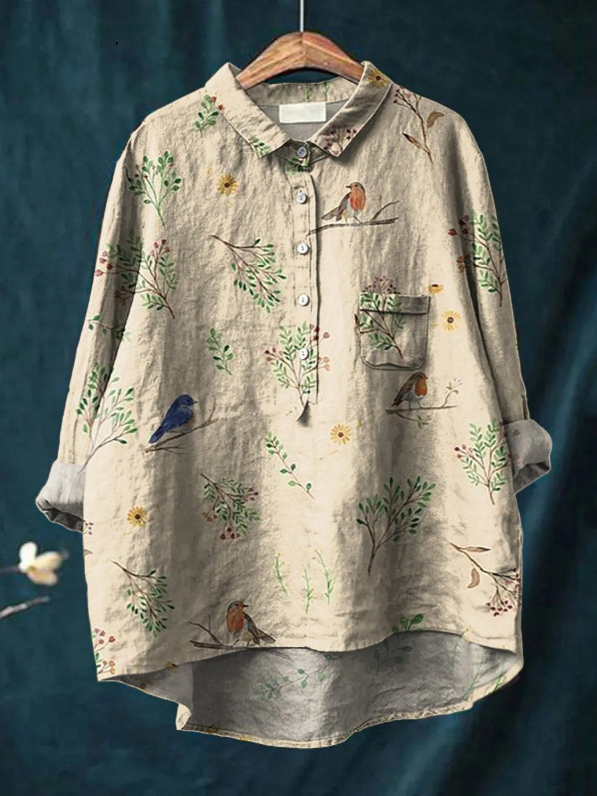 Lorelai | Boughs And Robin Birds Pattern Printed Women's Casual  Shirt