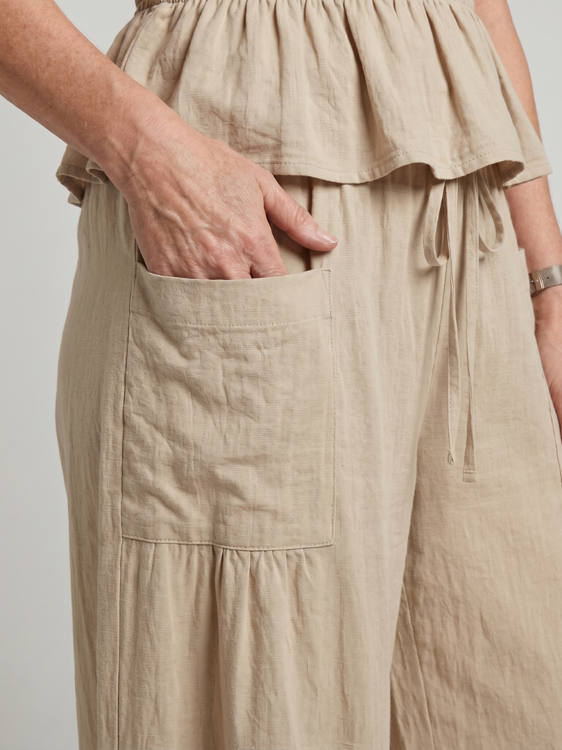 Eirenne | Peplum Detail Smocked Top And Wide Leg Pants Set