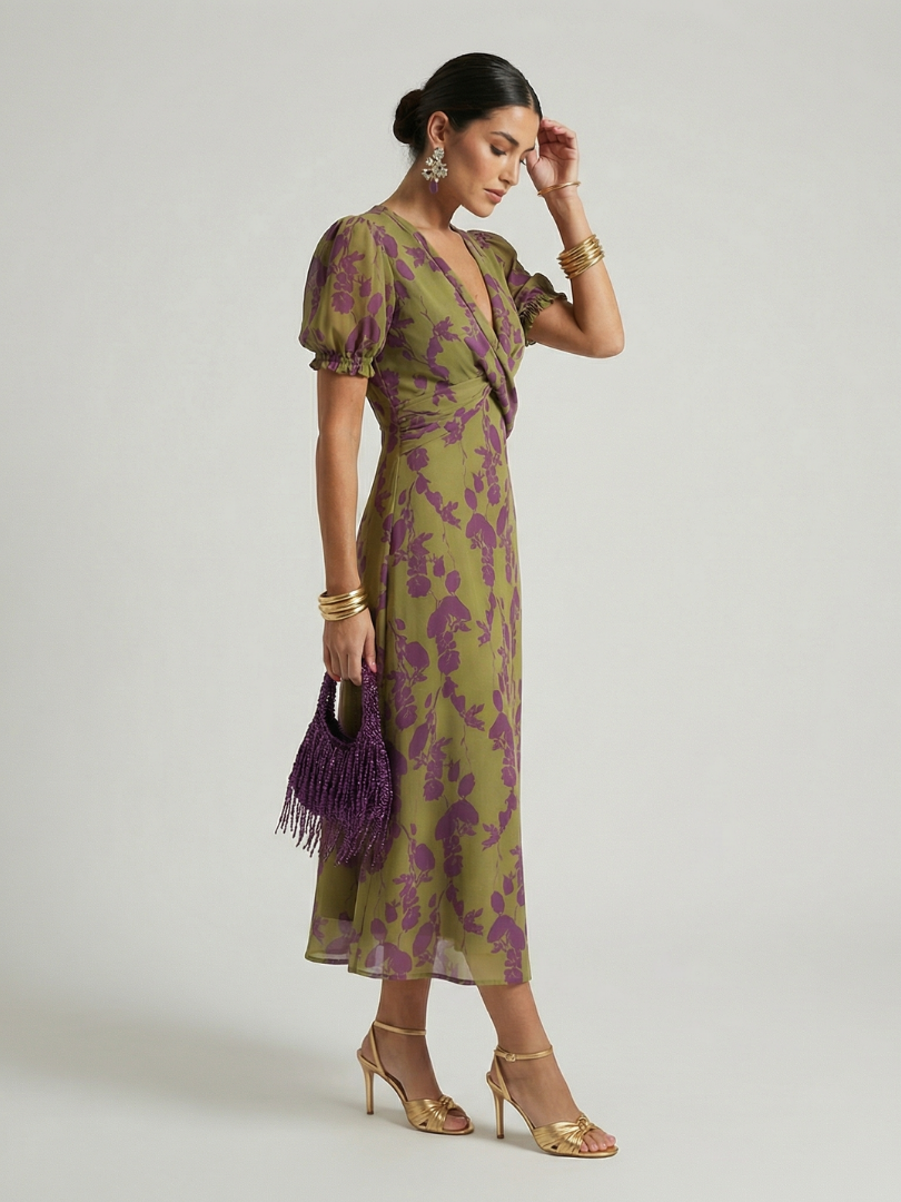 Vivienne – Wrap Midi Dress with Floral Print