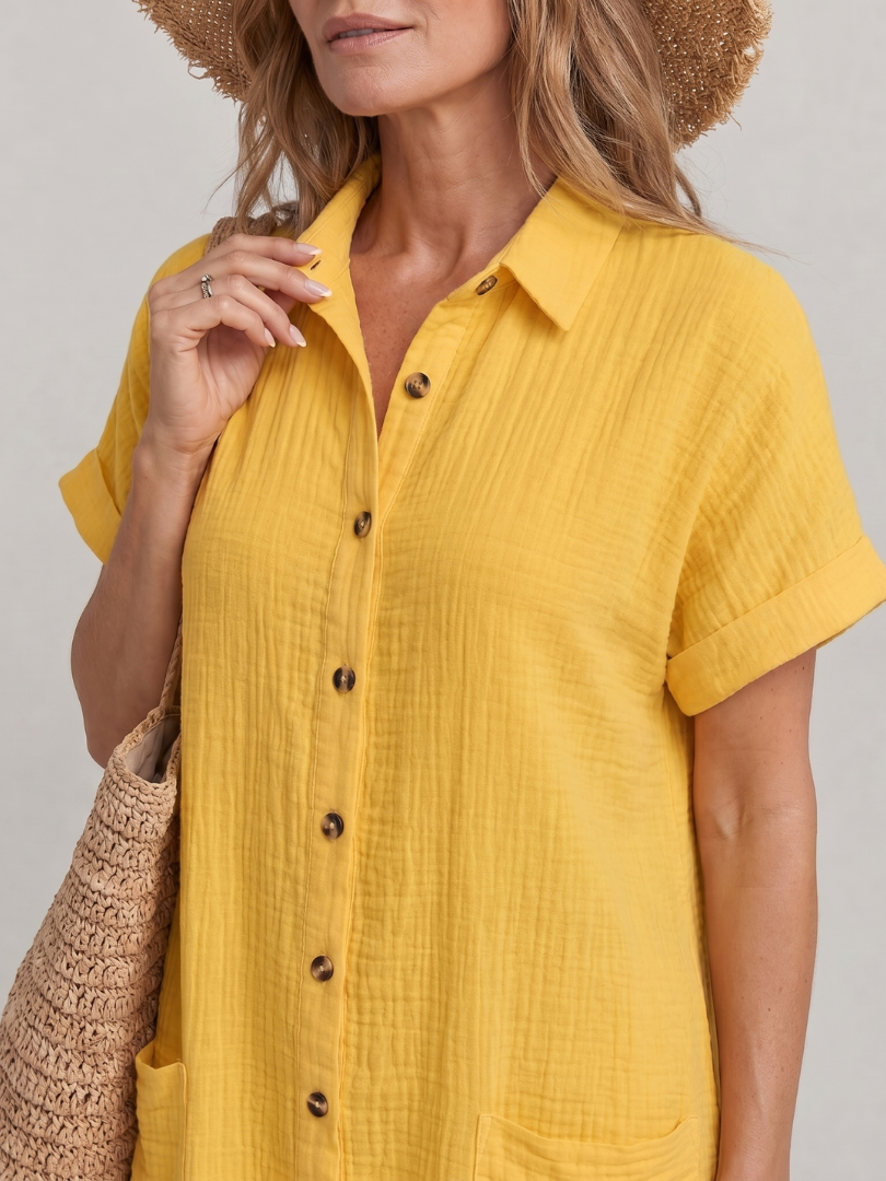 Linon | Short Sleeve Front Pockets Knee Length Dress