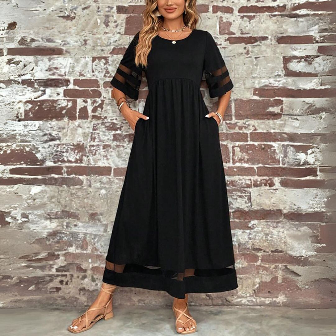 Aubrey – Empire Waist Midi Dress with Mesh Detail