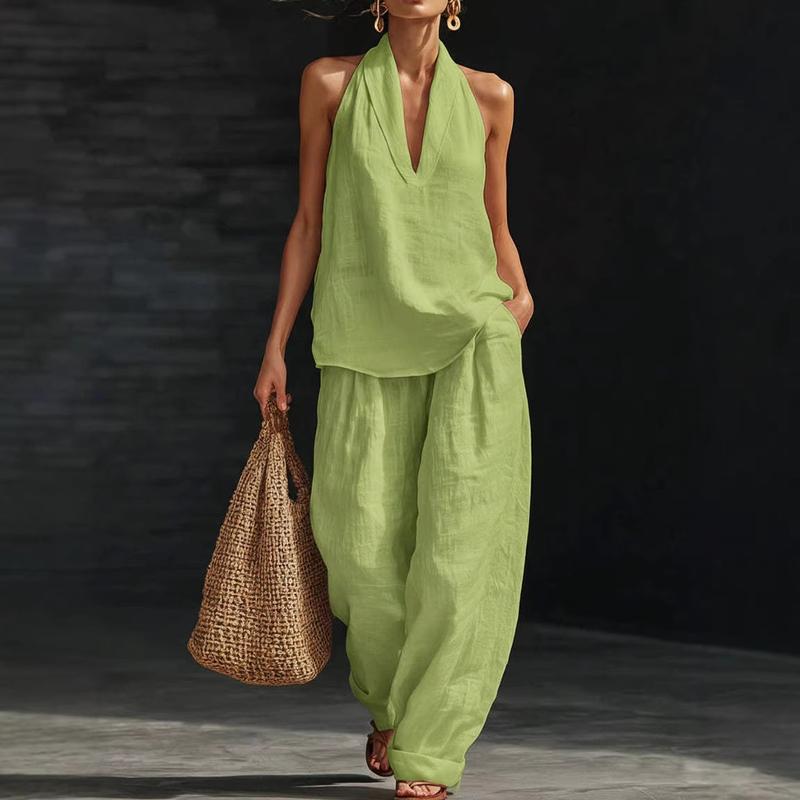Waverly | Halter Neck V Neck Top and Wide Leg Pants Set
