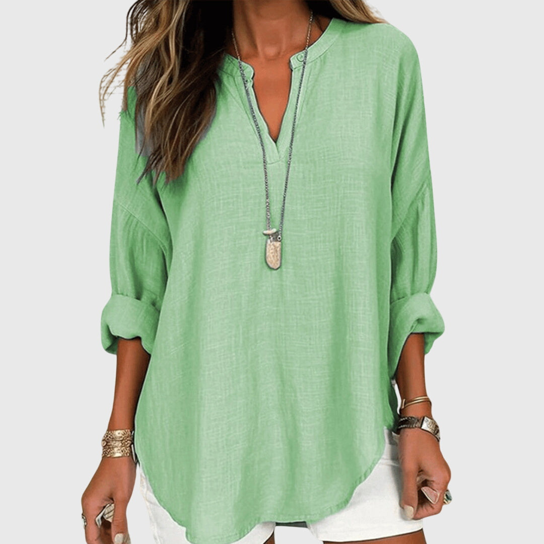 Lenara – Flowy Linen V-Neck Long Sleeve Blouse