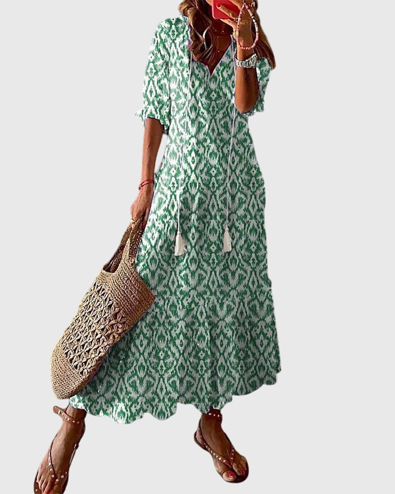Amalia – Boho Ikat Print Midi Dress