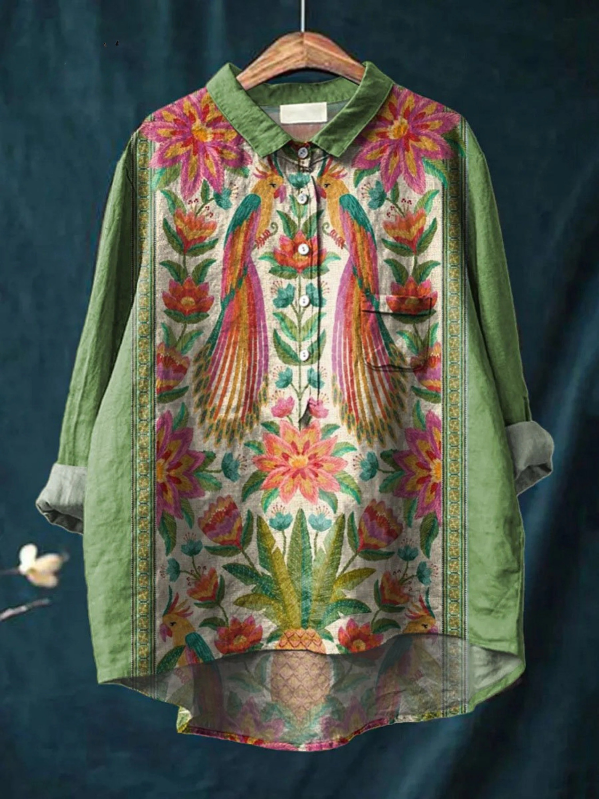 Emerson | Women's Vintage Lovely Floral Birds Art Print Casual  Shirt
