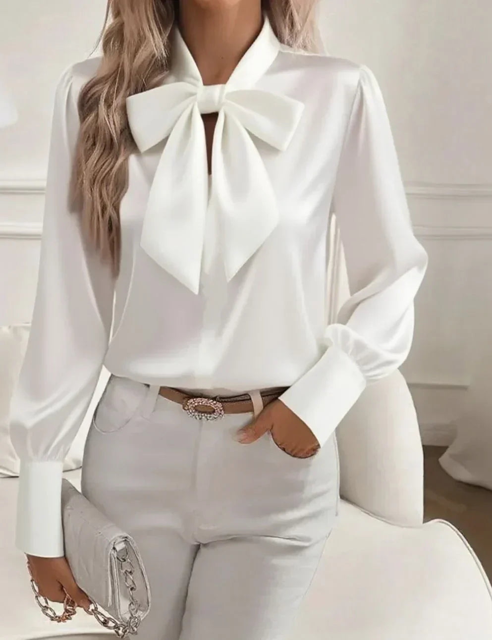 Eloria | Satin Blouse with Long Sleeves and Bow