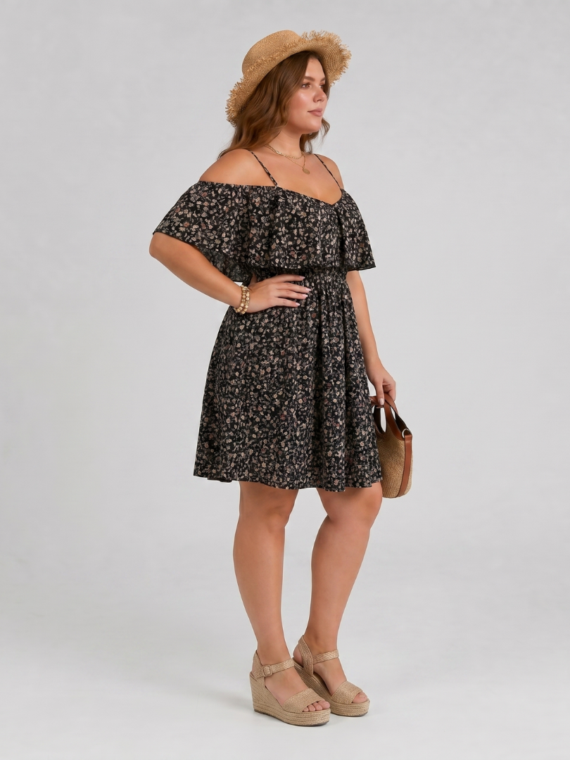 Novom | Cold Shoulder Ruffle Overlay Knee Length Dress