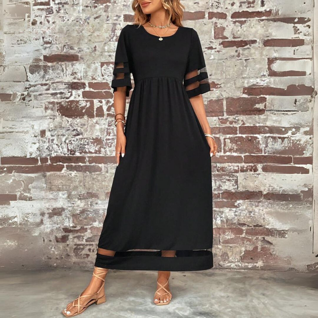 Aubrey – Empire Waist Midi Dress with Mesh Detail