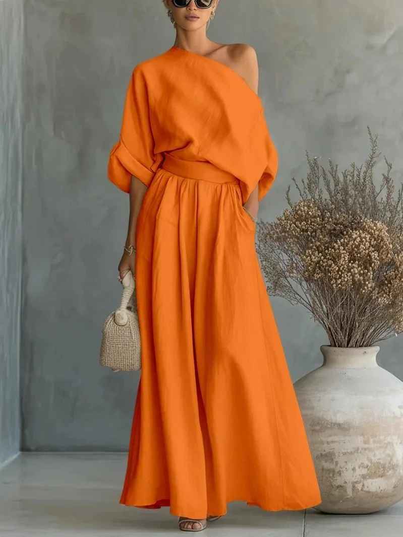 Reese | Off Shoulder Long Sleeve Top and Tapered Pants Set