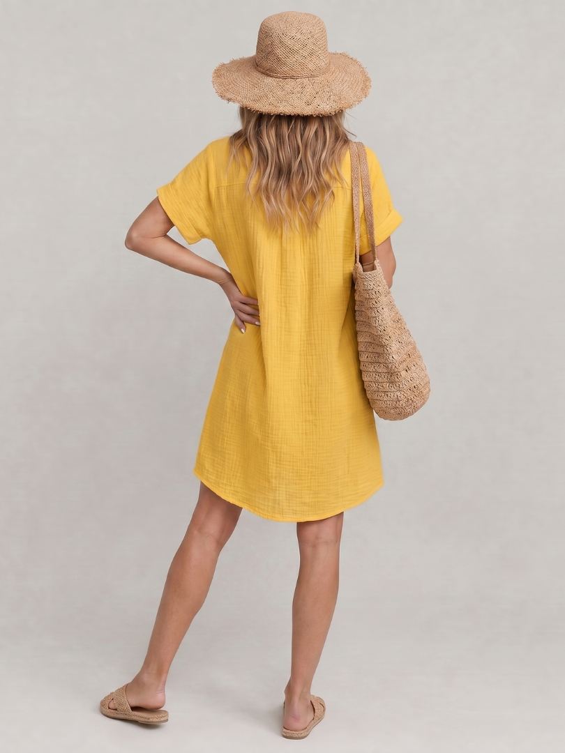 Linon | Short Sleeve Front Pockets Knee Length Dress