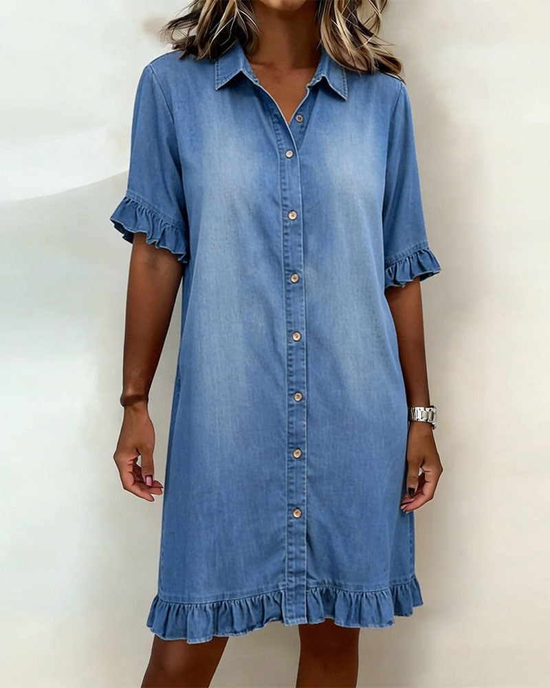Quinn – Denim Shirt Dress with Ruffle Details