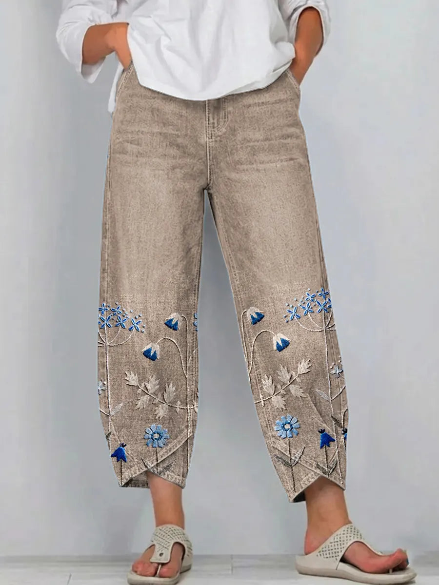 Hazel – Embroidered Floral Denim Pants