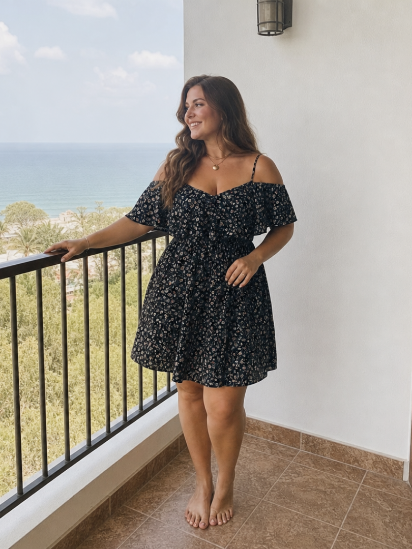 Novom | Cold Shoulder Ruffle Overlay Knee Length Dress