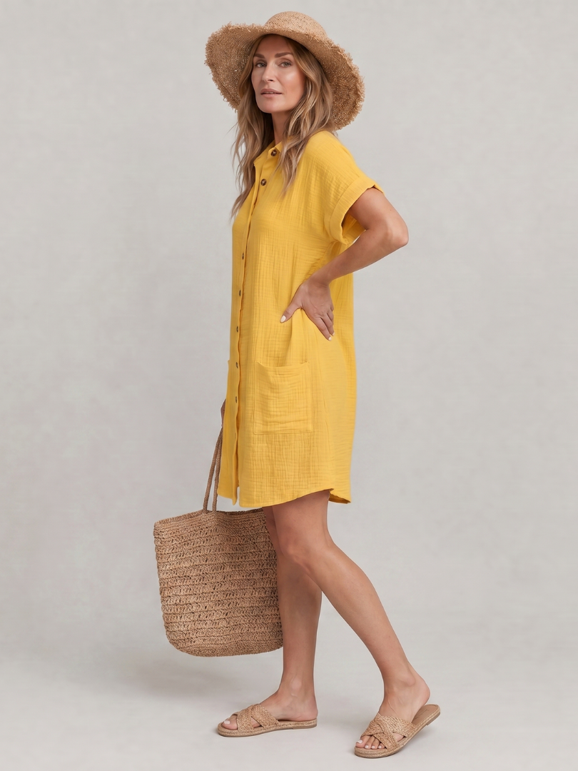 Linon | Short Sleeve Front Pockets Knee Length Dress