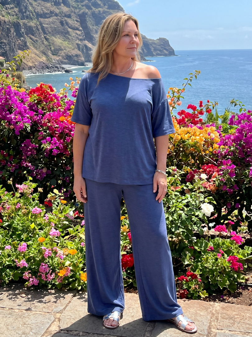 Elarim | Short Sleeve Off Shoulder Top And Wide Leg Pants Set