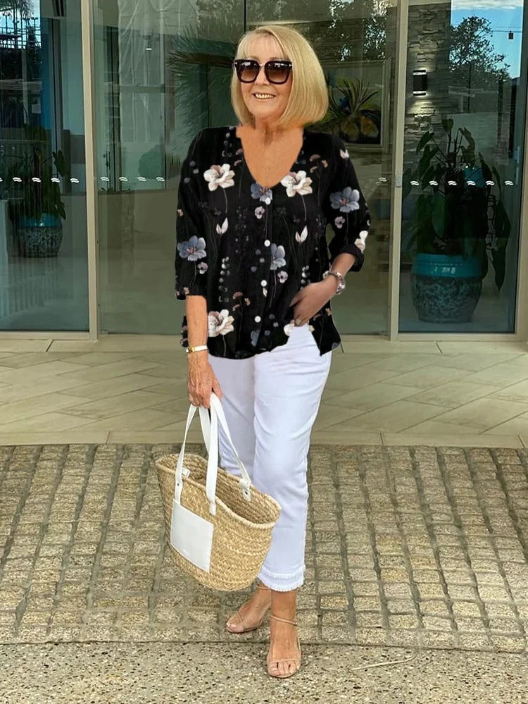 Joanne – Floral Button-Front Tunic Blouse