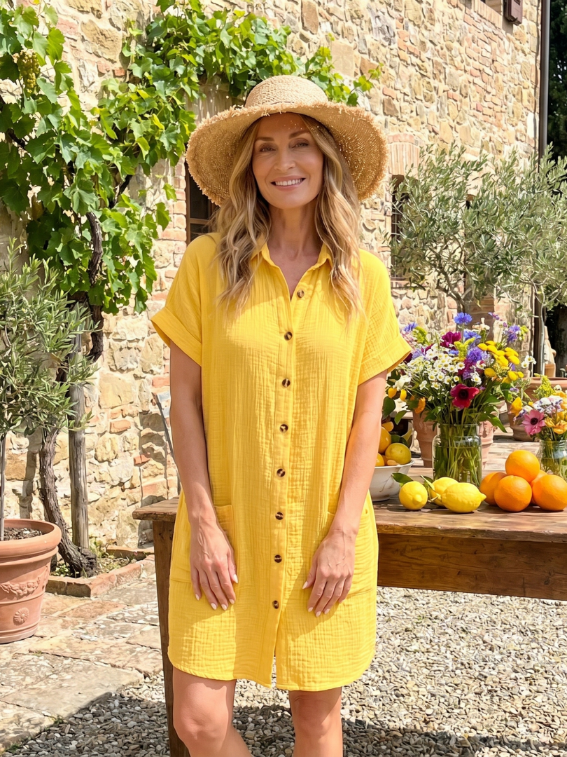 Linon | Short Sleeve Front Pockets Knee Length Dress
