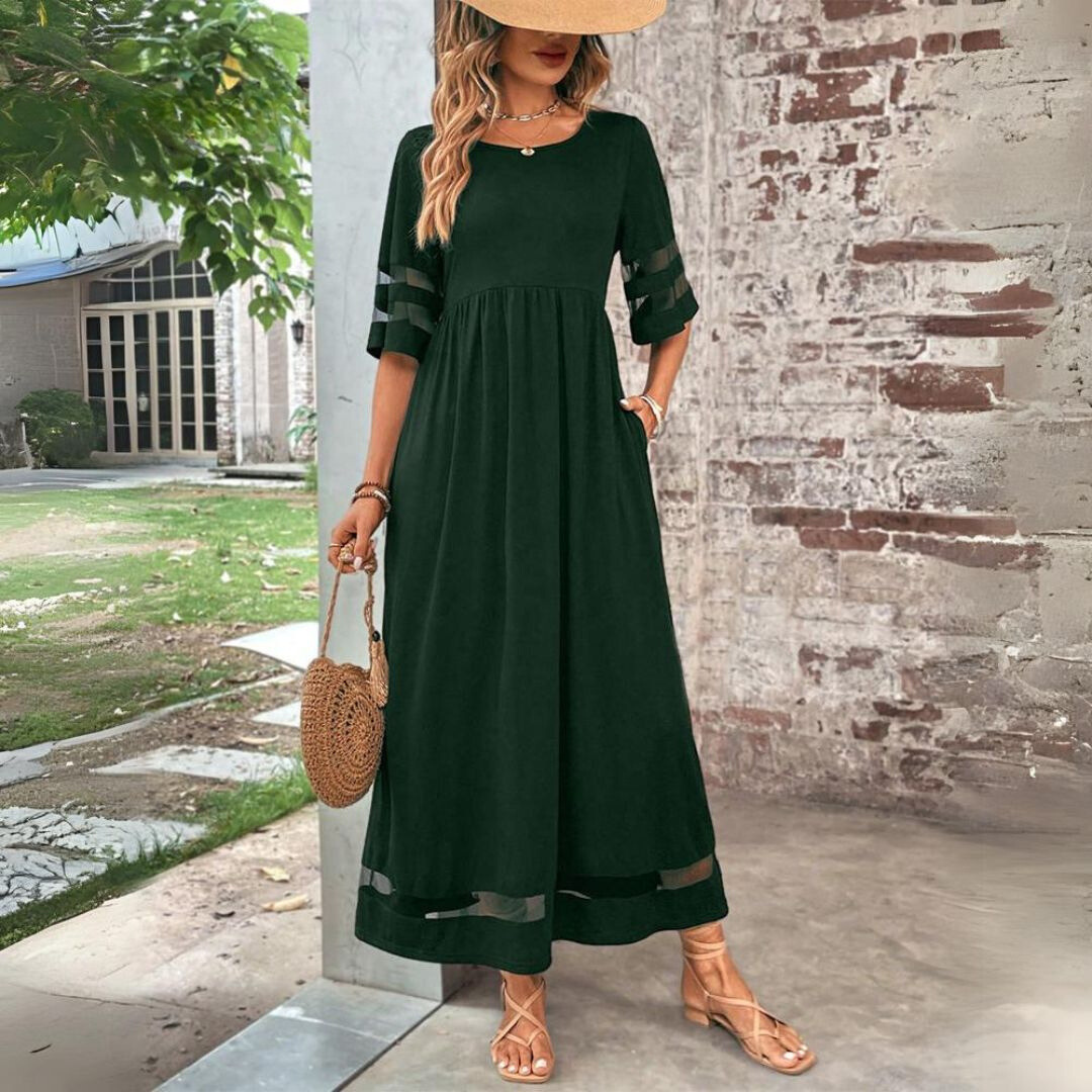 Aubrey – Empire Waist Midi Dress with Mesh Detail
