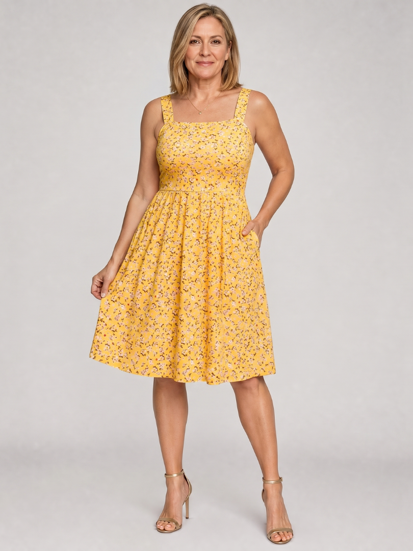 Leneva | Square Neck Floral Print Knee Length Dress