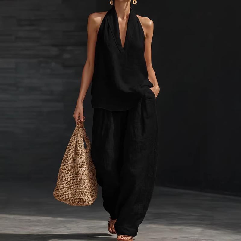 Waverly | Halter Neck V Neck Top and Wide Leg Pants Set
