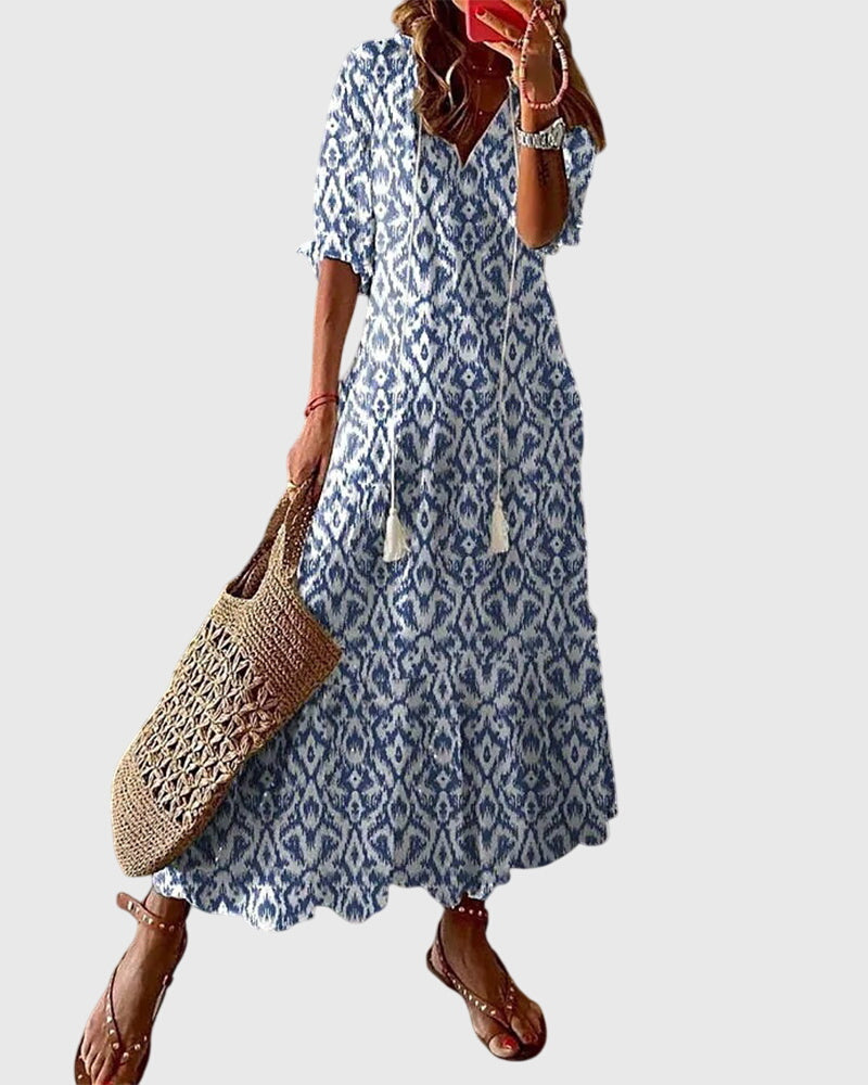Amalia – Boho Ikat Print Midi Dress
