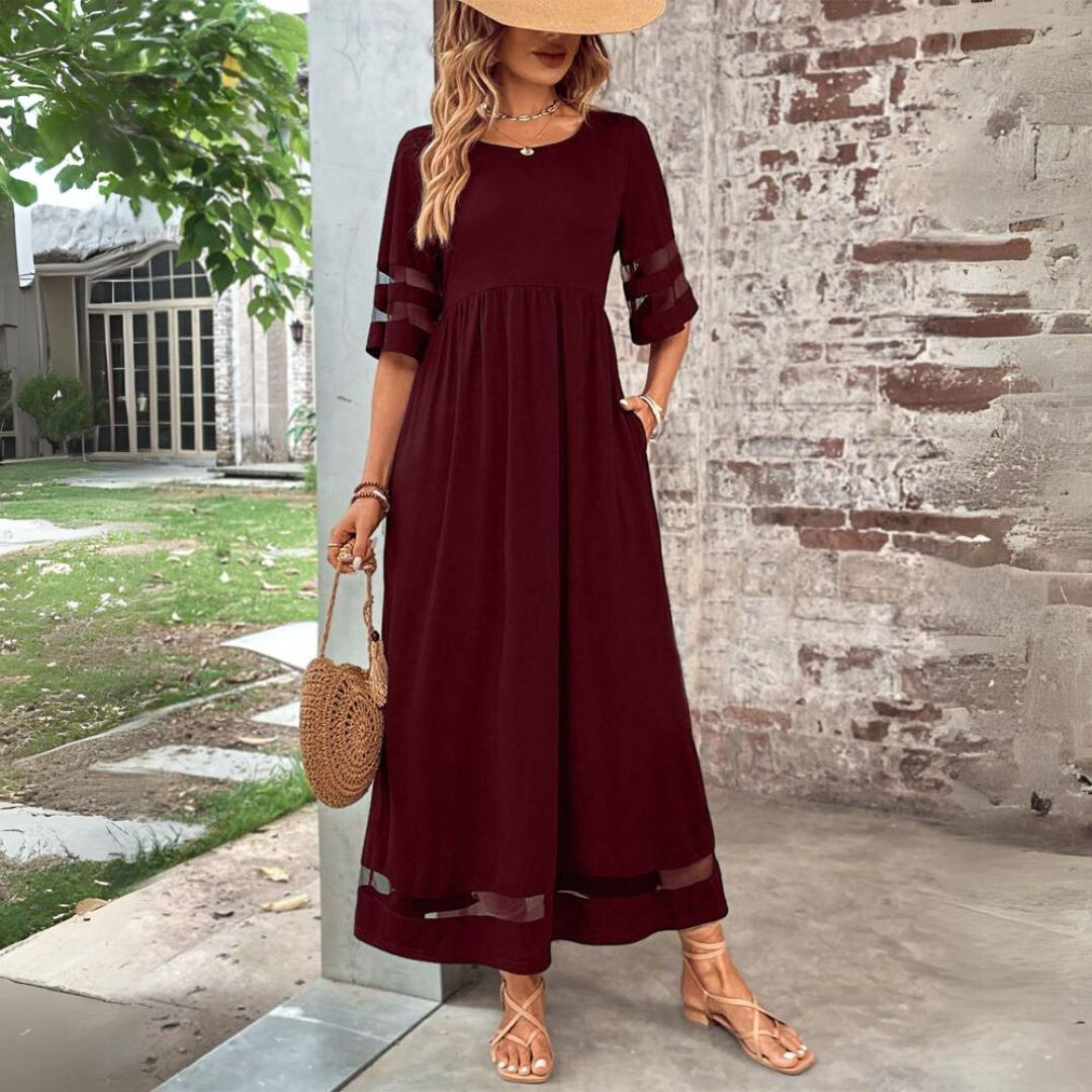 Aubrey – Empire Waist Midi Dress with Mesh Detail