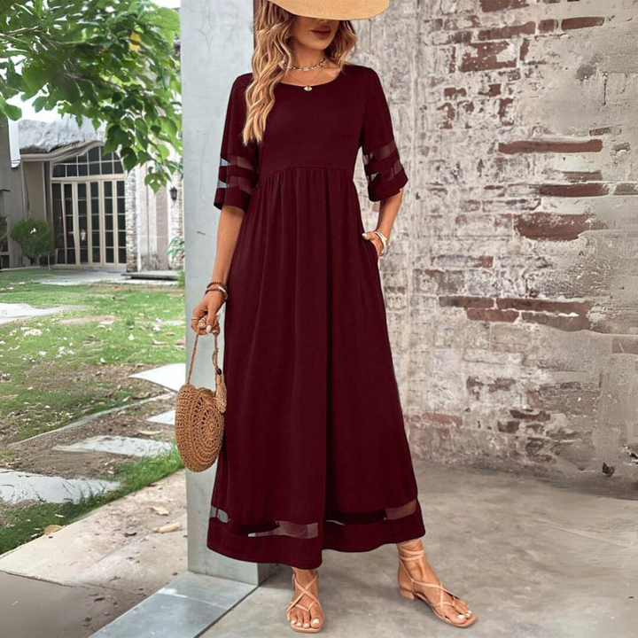 Aubrey – Empire Waist Midi Dress with Mesh Detail