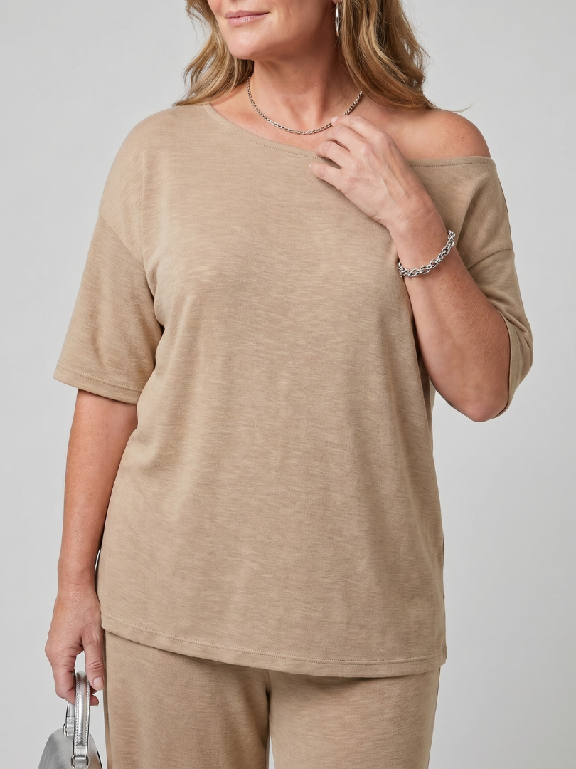 Elarim | Short Sleeve Off Shoulder Top And Wide Leg Pants Set