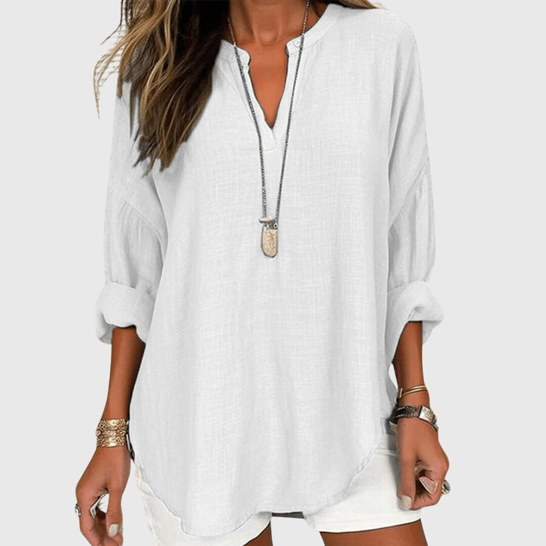 Lenara – Flowy Linen V-Neck Long Sleeve Blouse