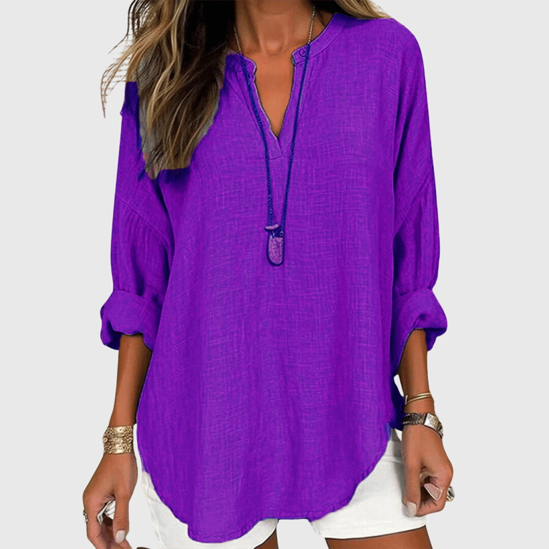 Lenara – Flowy Linen V-Neck Long Sleeve Blouse
