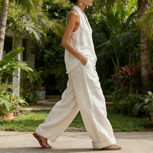 Waverly | Halter Neck V Neck Top and Wide Leg Pants Set