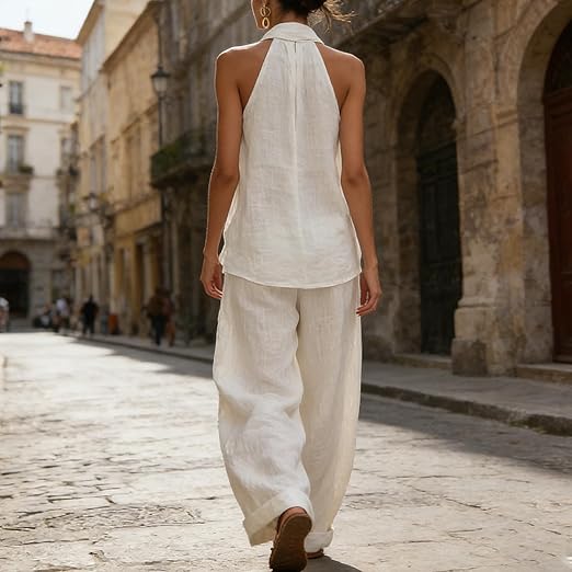 Waverly | Halter Neck V Neck Top and Wide Leg Pants Set