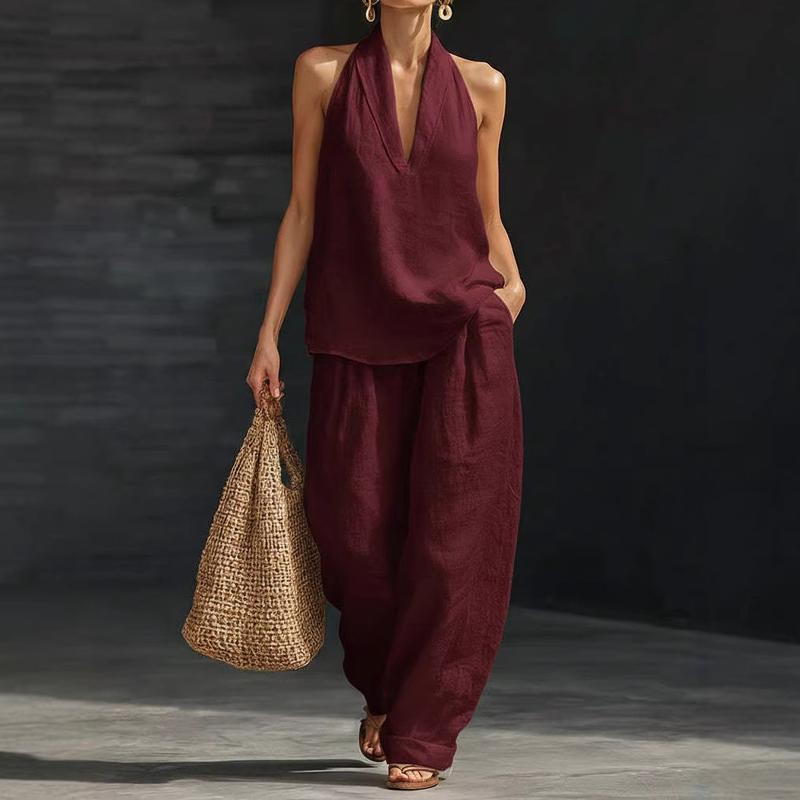Waverly | Halter Neck V Neck Top and Wide Leg Pants Set