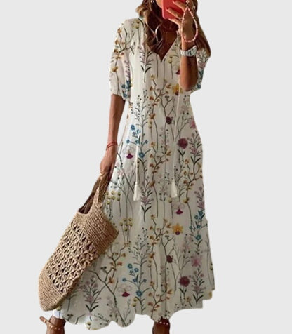 Amalia – Boho Ikat Print Midi Dress
